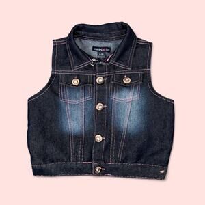 y2k 00s Limited Too Girls Denim Vest Size 6 Large Dark Blue Wash Pink Stitching